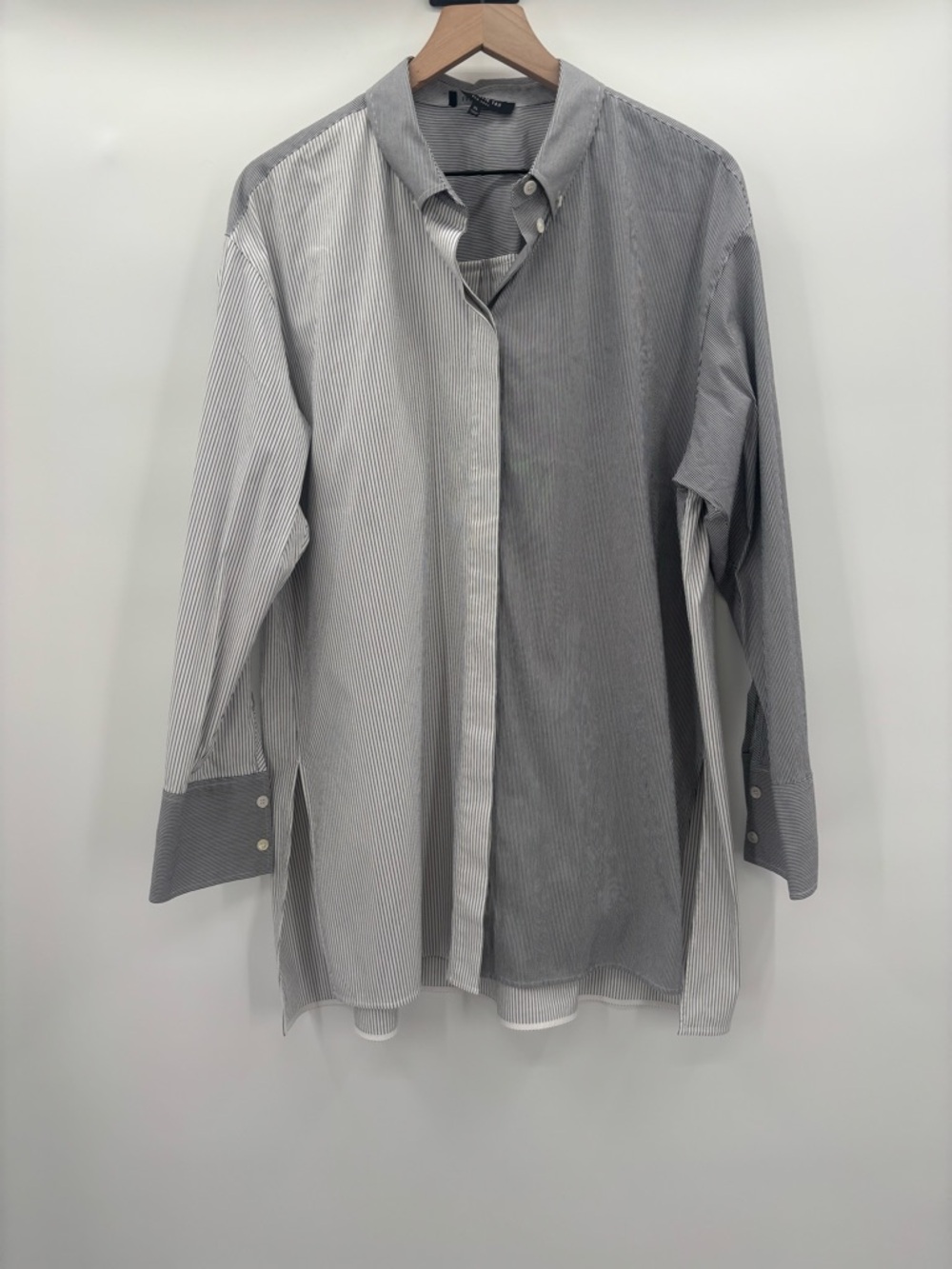 Lafayette 148 New York Colorblock Black/White Striped Button-Down Shirt Xl